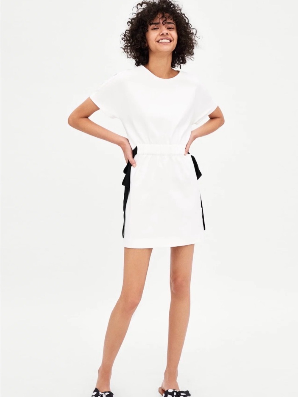 Zara TRF White Black Tie Waist Mini Dress Size S Minimalist